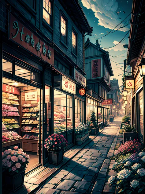 there is a store with many plants and flowers on the outside, high detailed store, flower shop scene, by Yang J, anime background art, convenience store, by Kamagurka, pleasant cozy atmosphere, by Ni Yuanlu, detailed scenery —width 672, magic shop, high de...