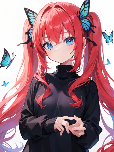 {{best quality}}, {{masterpiece}}, {{ultra-detailed}}, {illustration}, {detailed light}, red hair, blue eyes, girl, little girl, butterfly, sweater, long sleeve, black sweater,Twintails,loli,cute,Kawaii