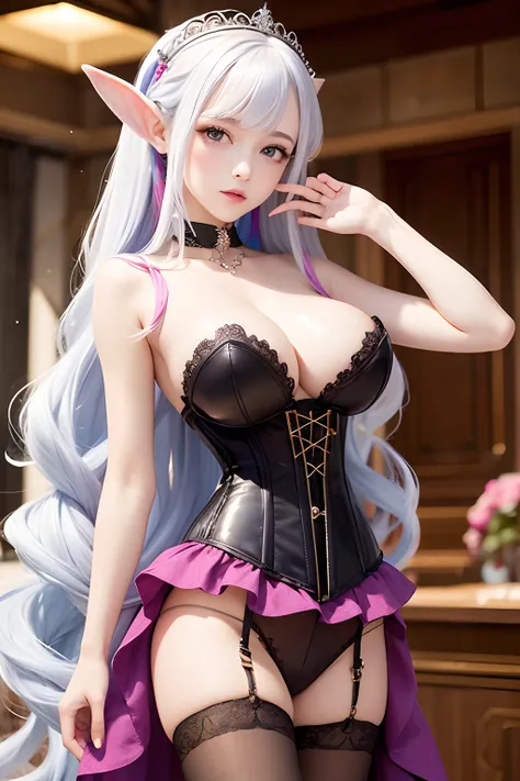 Many princesses elfe, multicolor hair, corset sexy, pantyhose, skinny body, big boobs,