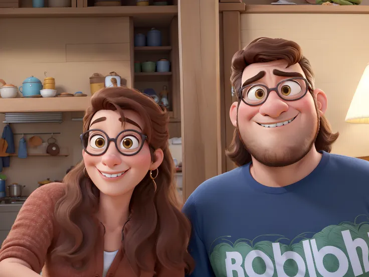 desenho estilo Pixar de um casal, mulher pequena de cabelos ruivos longos e cacheados, homem jovem grande pele clara e rosto arredondado de cabelo curto castanho claro e pouca barba  os dois sorrindo