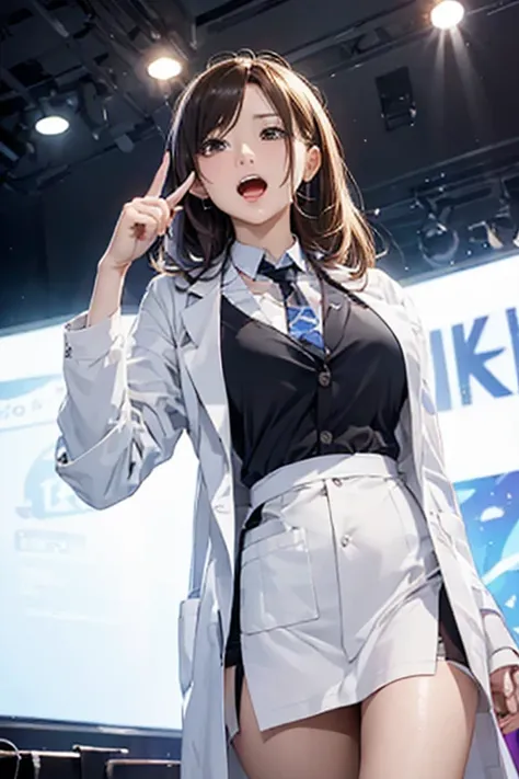 (8K), (Best Quality), (masutepiece: 1.2)　Sexy scientist woman screaming、Giving a speech on the university stage　Point your finger at the audience　wearing lab coat　(Camera view from below)