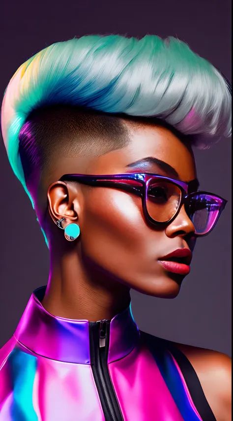 an AFRICAN woman a pair of glasses, Tapered hair, well cut, well shaved on the sides and back, style, a crazy piece in the 90s piece, brincos, Colorful Trackextura latex jacket, glamour da cor do retrato, retrato colorido detalhado, retrato de alta qualida...