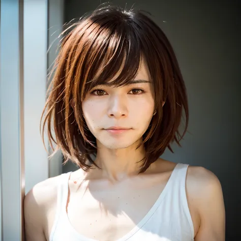 alafed asian woman with white tank top and brown hair, the face of a beautiful japanese girl, with short hair, girl cute-fine-fa...