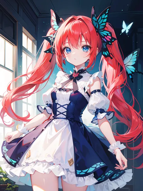 {{best quality}}, {{masterpiece}}, {{ultra-detailed}}, {illustration}, {detailed light}, red hair, blue eyes, girl, little girl, butterfly,Twintails,loli,cute,Kawaii