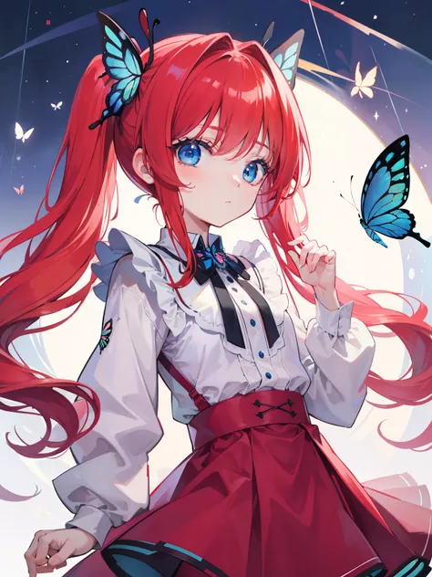 {{best quality}}, {{masterpiece}}, {{ultra-detailed}}, {illustration}, {detailed light}, red hair, blue eyes, girl, little girl, butterfly,Twintails,loli,cute,Kawaii