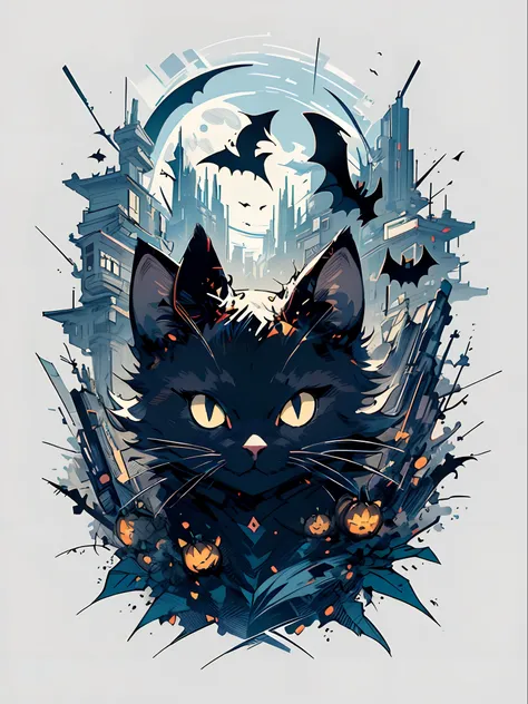 print ready vector t-shirt design, halloween scene with black cats, spiders and pumpkin, with beautiful nocturnal moon and bats in the background, clean white background, professional vector, full shot, 8K resolution, deep impressionillustration