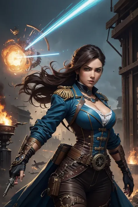 Arte em cores estilo Alex Horley, General Athletic Lined Woman Steampunk, trajando farda Azul, Dynamic shouting orders, Steampunk war scenario, Ultra HD images definition 3840x2160.