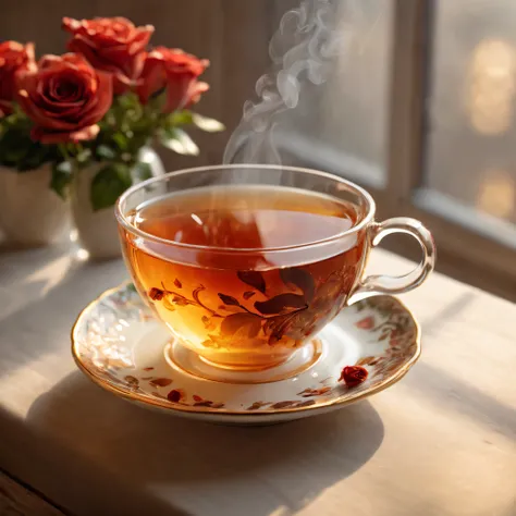 (best quality,4k,8k,highres,masterpiece:1.2),ultra-detailed,(realistic,photorealistic,photo-realistic:1.37),a cup of very hot tea,steaming hot liquid,delicate porcelain cup,morning sun pouring through window,fragrant steam rising,between hands holding it,r...