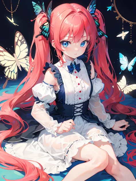 {{best quality}}, {{masterpiece}}, {{ultra-detailed}}, {illustration}, {detailed light}, red hair, blue eyes, girl, little girl, butterfly,Twintails,loli,cute,Kawaii