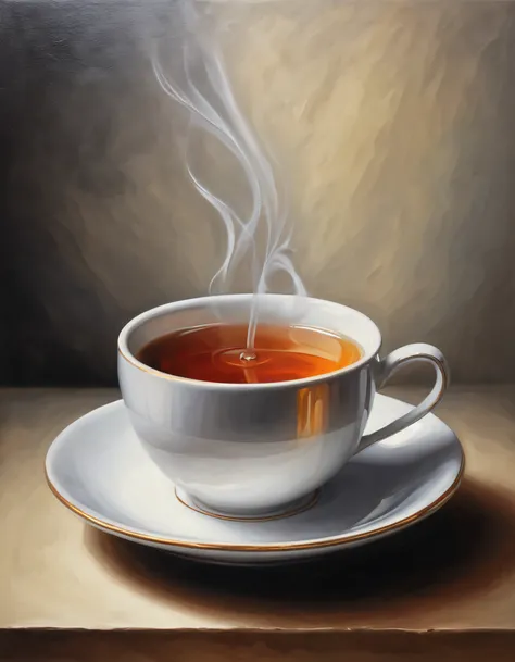 A cup of hot tea，abstract painting，ultra-realistic realism