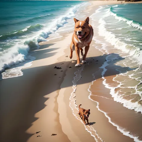 cachorro correndo na praia molhado, com um garoto deitado na areia ao funco da imagem. --auto