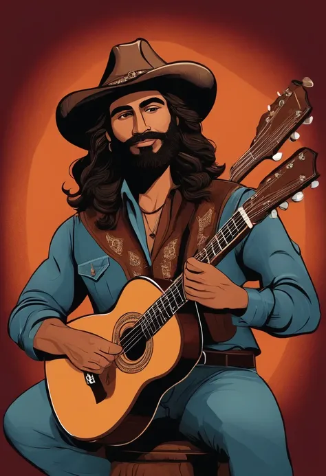 crie um banner no estilo Pixar. A man with Indian features, Brown brunette in cowboy hat, olhos Castanhos escuros, com barba preta, Curly and slightly grayish appearance, mas adulto, usando uma jaqueta marrom, Wearing jeans and holding a classical guitar w...