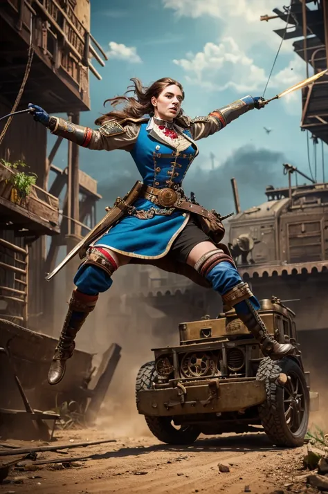 Arte em cores estilo Alex Horley, General Athletic Lined Woman Steampunk, trajando farda Azul, Dynamic shouting orders, Steampunk war scenario, Ultra HD images definition 3840x2160.