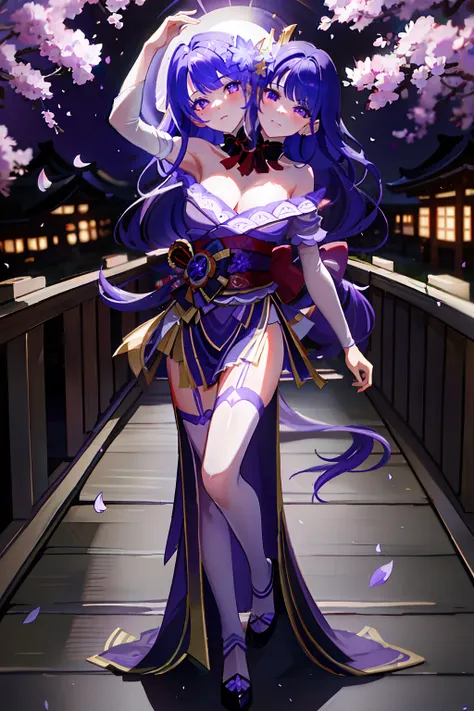 (masterpiece, best quality), best resolution, (2heads:1.5), 1girl, raiden shogun character, （There is a five-pointed star in the eye））Gorgeous Hair in Long Purple，（wedding gown），falling flower petals，Bridge in the middle，