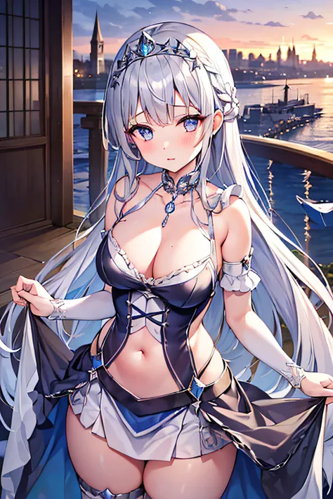 overlooks、(silber hair,Braiding,Little girl)、Princess、Breasts are big、Colossal tits、Futomo、Silver tiara、Necklace with blue gemstones、(Sleeveless dress with a wide open chest,corsets）White and mini tight skirt、European cityscape with a view of the sea