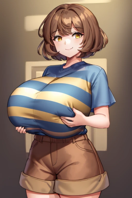 ((best quality)), ((masterpiece)), (detailed), Undertale Frisk, brown hair, (brown shorts:1.3), bob cut, short hair, black pantyhose, (blue shirt:1.3), yellow eyes, (1girl:1.3), (solo:1.3), striped, striped shirt, smiling, (sun flower), (1girl:1.2),(gigant...