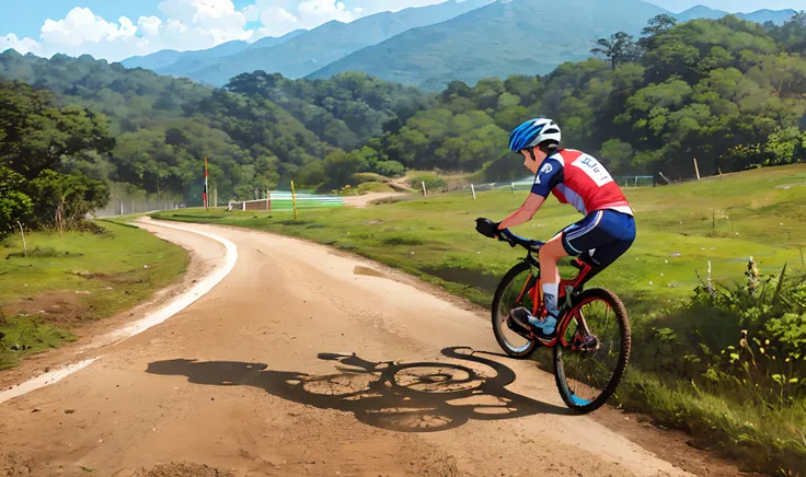 Um atleta de mountain bike praticando seu esporte