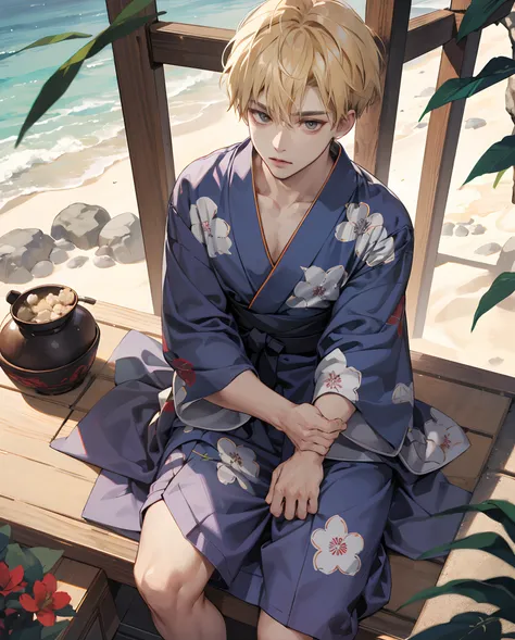 birds-eye view anime man 1 blonde short hair hanging eyes yukata hakama sitting