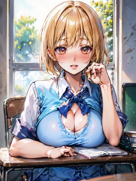 ((masutepiece)),((Best Quality)),absurderes, 1girl in, At the desk, (Studying:1.3), (White School Uniform:1.4), (crass room:1.1), Sunlight, (Half-closed eyes:0.4), (Parted lips:1.4), (nose blush:1.2), lightsmile, Big breasts, cleavage,