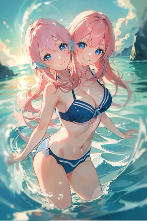 (masterpiece, best quality), best resolution, (2heads:1.5), 1girl, kokomi character, pink hair, blue eyes, blue bikini, smile, happy, water particles, swirling water currents, ocean