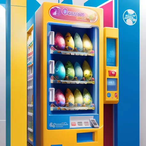 Image of a toy dinosaur egg vending machine, em formato de ovo de dinossauro, com os mini ovos de brinquedos  dentro