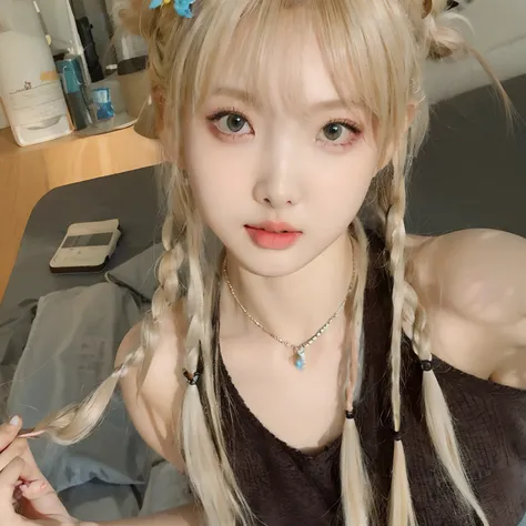 araffe with long blonde hair and a braid in a room, cabello rubio con coletas, peinado de coletas, peinado twintails, chica de a...