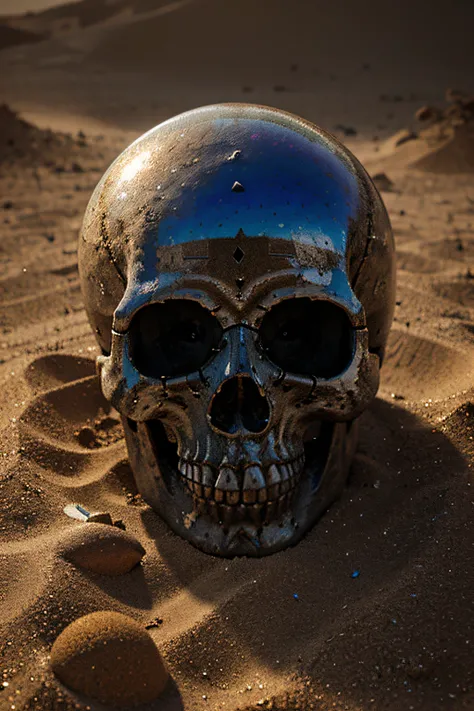 A psychedelic skull in glass, with la of colored sand and dust