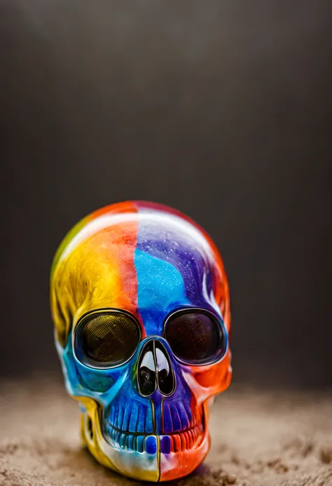 A psychedelic skull in glass, with la of colored sand and dust