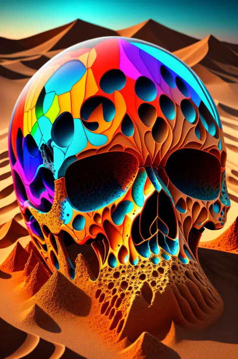 A psychedelic realistic skull in glass, with lot of colored sand and dust