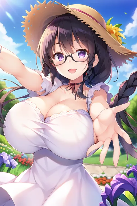 (1girl), (huge breast), (black hair), (braid), (purple eyes), (glasses), (intricate iris details), (white dress), (straw hat), (...