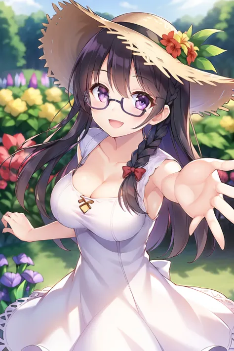 (1girl), (breast), (black hair), (braid), (purple eyes), (glasses), (intricate iris details), (white dress), (straw hat), (garde...