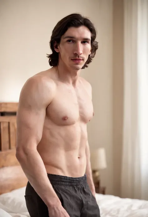 adam driver, (full body shot), (low angle camera shot), inside a bedroom laying on a bed, (exposed big hairy chest and abs:1.4), exposing his big pecs and abs and hairy chest, looking at viewer, adam driver (extremely accurate and detailed facial features ...