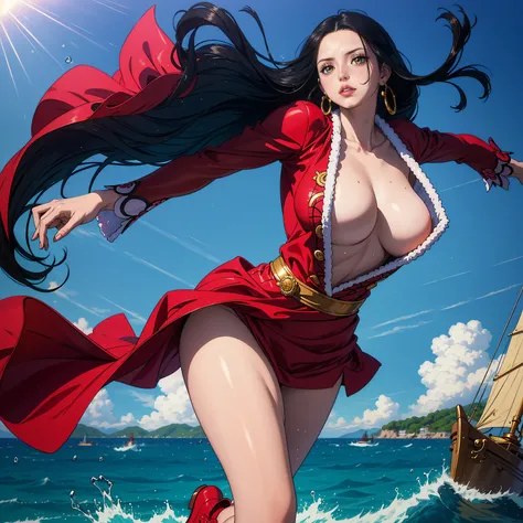 (best quality,4k,8k,highres,masterpiece:1.2),ultra-detailed,(realistic,photorealistic,photo-realistic:1.37),boa hancock in her anime outfit,full pose view,pirate ship,portraits,vivid colors,warm color tone,studio lighting,beautiful detailed eyes,beautiful ...