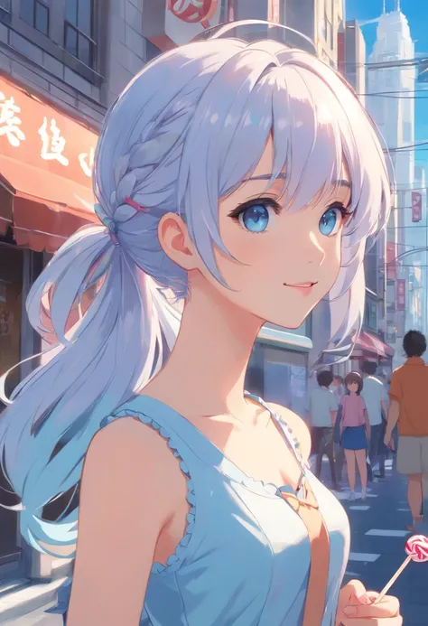 Silvery hair，Single ponytail curls，Pale blue eyes，White Lolita，Beth，A bustling city street，With a lollipop in your mouth，ssmile，Sunglasses on the forehead