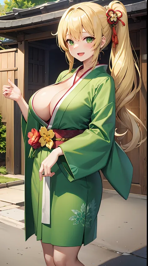 1 girl, game CG, green kimono, hair ornament, gigantic breasts, blonde, middle hair, side ponytail, green eyes, smile, Japanese shrine, open mouth, dynamic