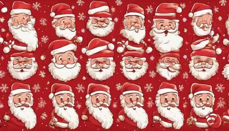 A deep red background filled with a pattern of jolly Santa Claus faces, each with a different expression, creating a playful and festive backdrop.