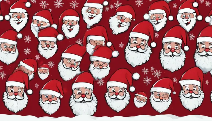 A deep red background filled with a pattern of jolly Santa Claus faces, each with a different expression, creating a playful and festive backdrop.