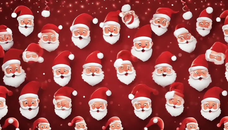 A deep red background filled with a pattern of jolly Santa Claus faces, each with a different expression, creating a playful and festive backdrop.