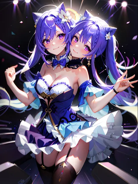 (masterpiece, best quality), best resolution, (2heads:1.5), 1girl, keqing character, catgirl, star eyes, one head purple hair, other head blue hair, cheeks touching, cat ears, purple eyes, smiling, giggling, friendly, inviting, white tube top, blue short p...