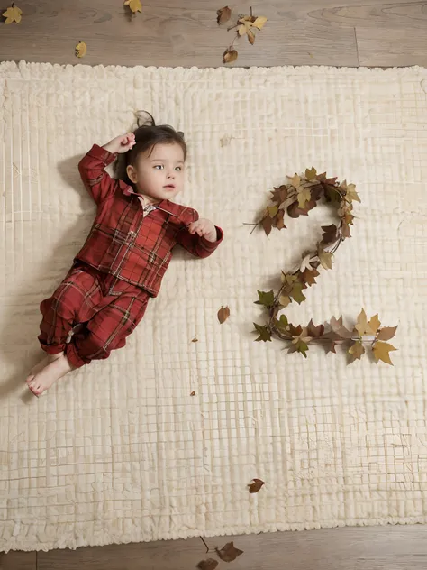 (RAW photo, 4k, Masterpiece, High Resolution, Extremely complex) (Realistic: 1.4), Little Child, Beautiful Figure, autumn , leaves, plaid, Elegant costume