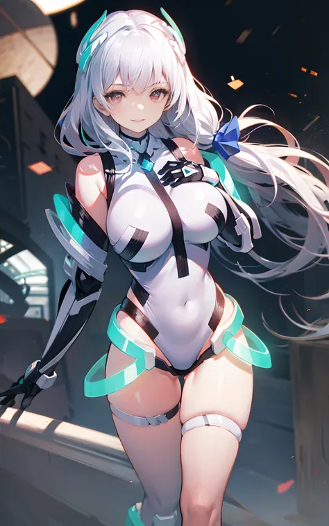 1girl,solo, light smile,huge breasts, deva battle suit,gloves, very long hair,outdoors,
white_hair,long hair,red_eyes,hand on ow...