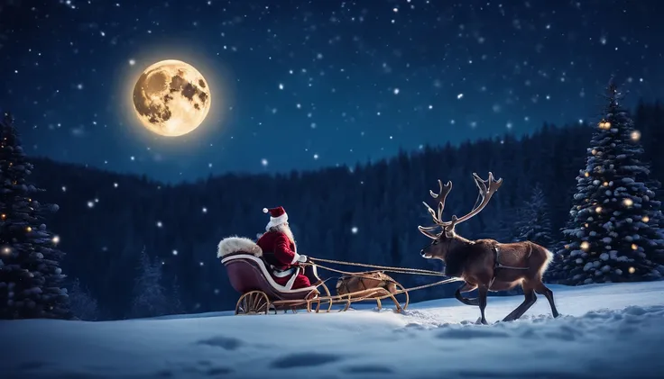 A snowy winter landscape background with Santa Claus flying across the night sky in his sleigh, pulled by his reindeer, against a backdrop of stars and a full moon.