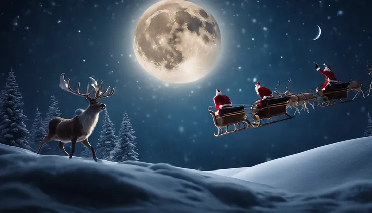 A snowy winter landscape background with Santa Claus flying across the night sky in his sleigh, pulled by his reindeer, against a backdrop of stars and a full moon.