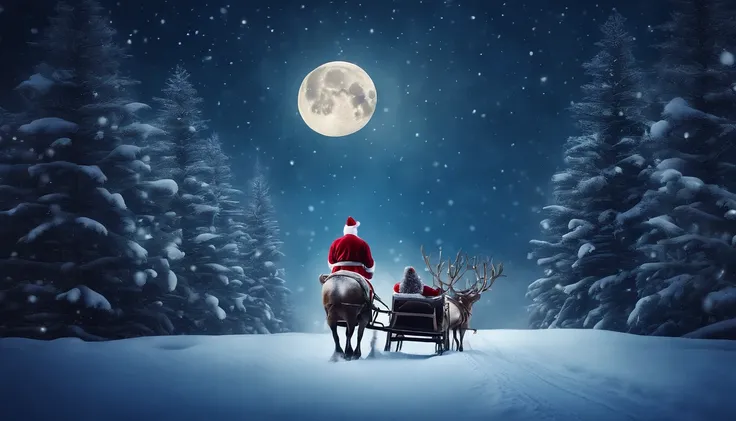 A snowy winter landscape background with Santa Claus flying across the night sky in his sleigh, pulled by his reindeer, against a backdrop of stars and a full moon.