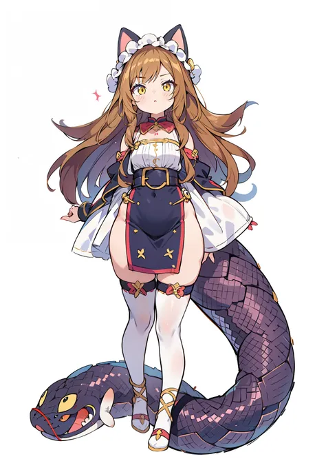 chica anime con cola de gato y disfraz de gato, lamia, snake woman hybrid, chica monstruo de anime, small curvy loli, shirabii, ...