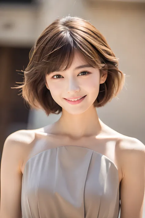 ((Best Quality, 8K, Masterpiece: 1.3)), 1 Girl, Slim Abs Beauty: 1.3, (Hairstyle Brown Hair Shortcut, ), Dress: 1.1, Super Slender Face, Delicate Eyes, Double Eyelids, Smile, Home, Raw Photo