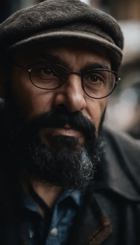 Portrait of a painter,Wear dark glasses.., Black Beard, wrinkled, Weathering, With eye piercing, detailed face, high-detail, shooting imaging, natural light, nikon d850, 50 mm., F/1.4,looking at the audience