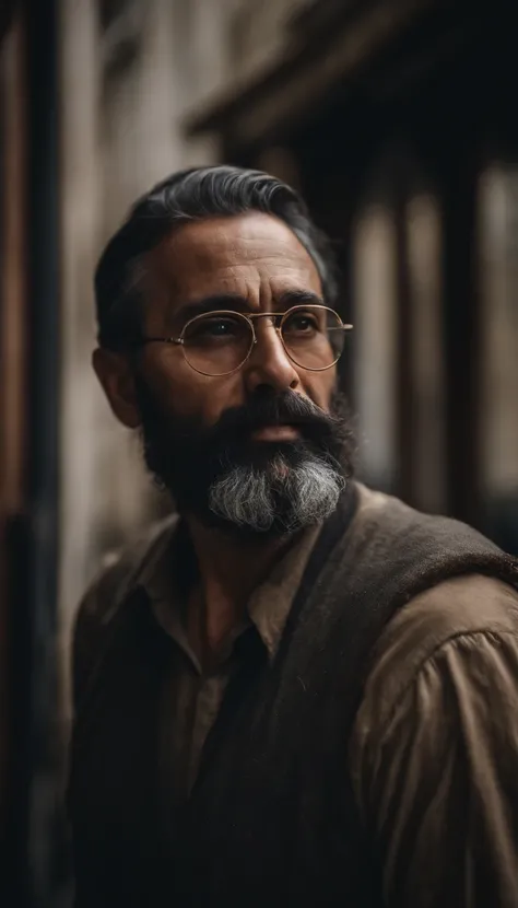 Portrait of a painter,Wear dark glasses.., Black Beard, wrinkled, Weathering, With eye piercing, detailed face, high-detail, shooting imaging, natural light, nikon d850, 50 mm., F/1.4,looking at the audience