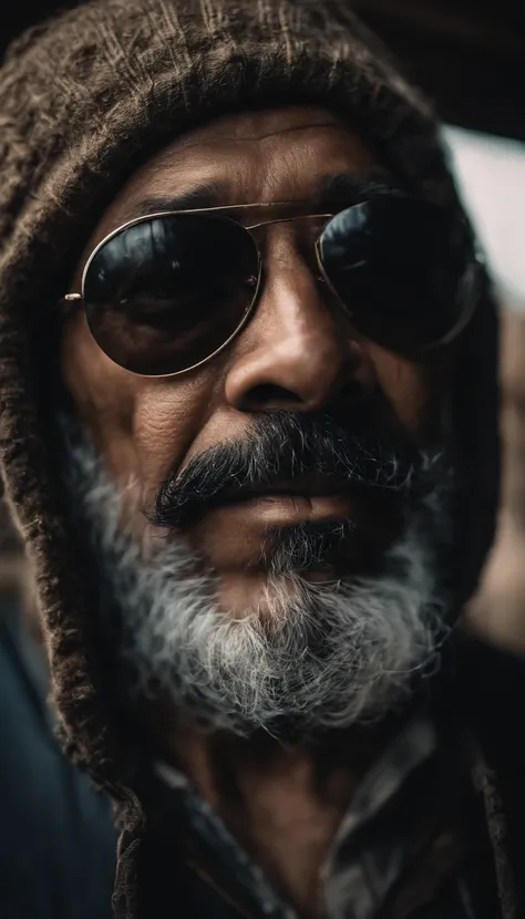 Portrait of a painter,Wear dark glasses.., Black Beard, wrinkled, Weathering, With eye piercing, detailed face, high-detail, shooting imaging, natural light, nikon d850, 50 mm., F/1.4,looking at the audience