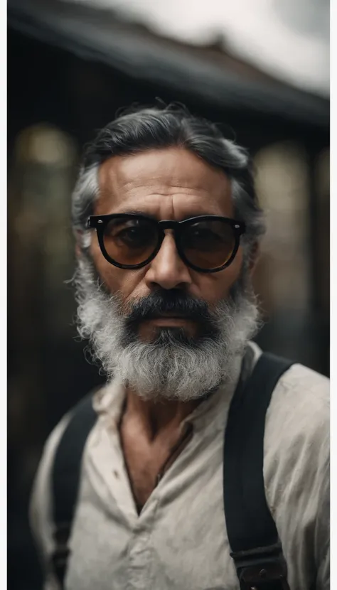 Portrait of a painter,Wear dark glasses.., Black Beard, wrinkled, Weathering, With eye piercing, detailed face, high-detail, shooting imaging, natural light, nikon d850, 50 mm., F/1.4,looking at the audience